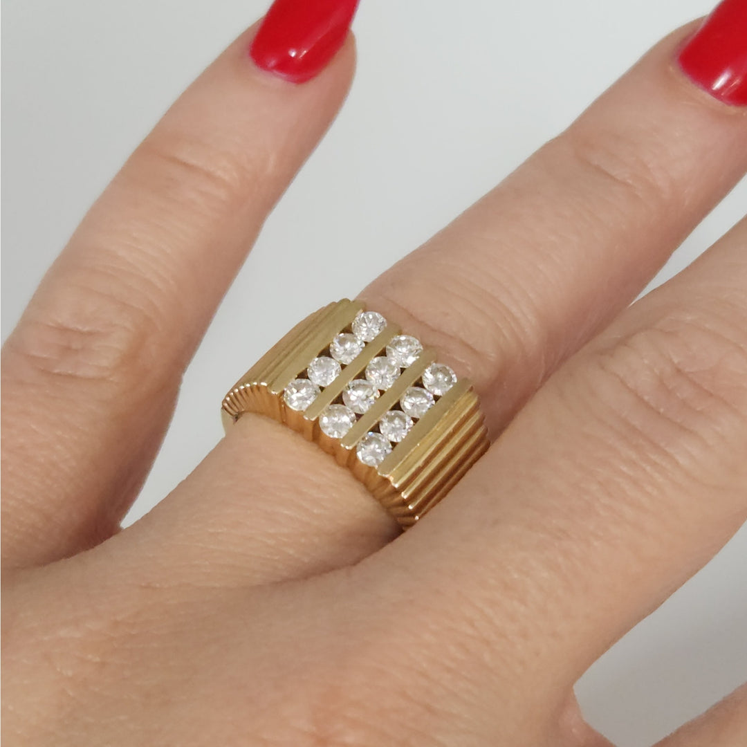 14k Yellow Gold Diamond Wide Ribbed Band Ring Multi Row Round Diamonds Ring