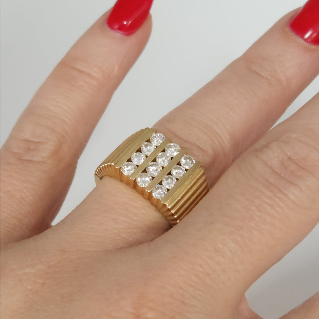 14k Yellow Gold Diamond Wide Ribbed Band Ring Multi Row Round Diamonds Ring