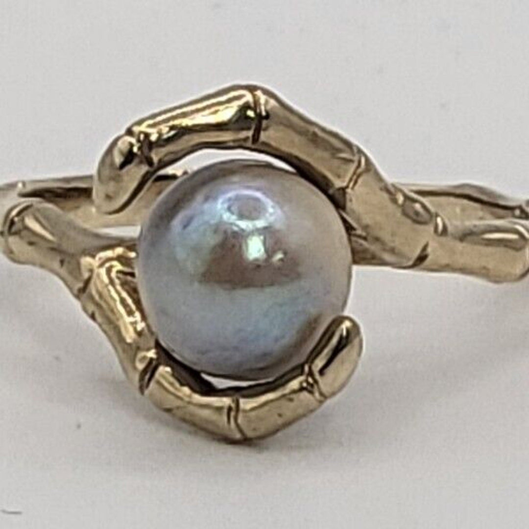 Vintage 14k Gold Natural Grey 7.8MM Pearl Bamboo Style Ring 3.6g, Sz 5.75