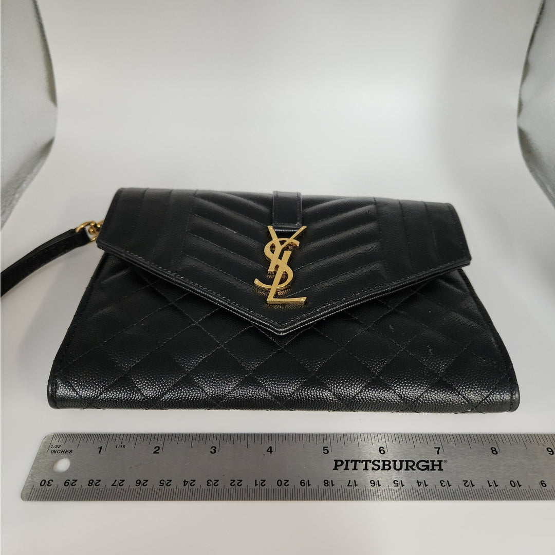 Saint Lauren YSL Black Quilted Envelope Wallet /Crossbody Bag W/ Gold Hardware