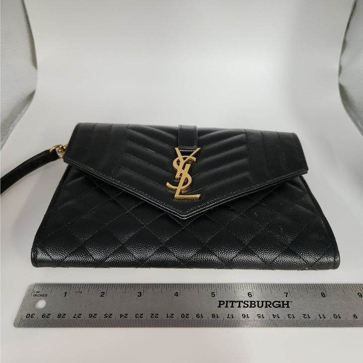 Saint Lauren YSL Black Quilted Envelope Wallet /Crossbody Bag W/ Gold Hardware