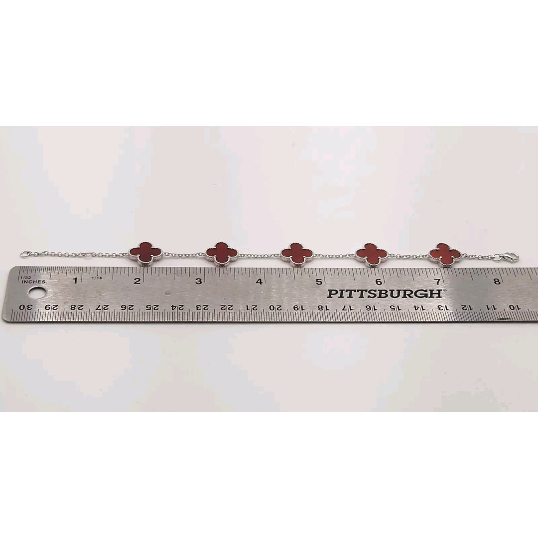 925 Sterling Silver Red Agate Flowers Bracelet 8.2"