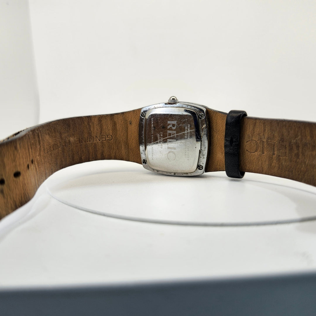 Relic Folio ZR33489 Silver Tonneau Quartz Men's Watch Black Leather Strap