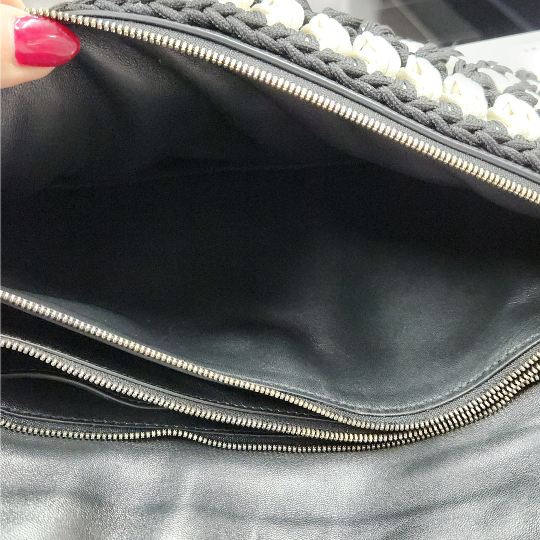 Ferragamo black & white handwoven shoulder bag  gold chain strap signature bow
