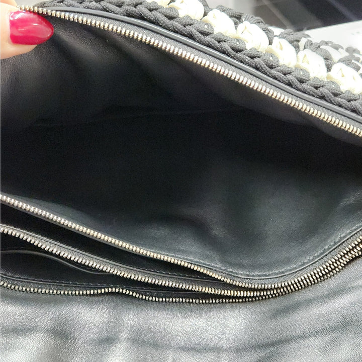 Ferragamo black & white handwoven shoulder bag  gold chain strap signature bow