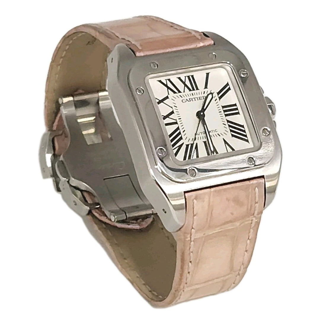Cartier 36mm Square Pink Leather Band Automatic Stainless Steel Santos 100 W20106X8/ 2878