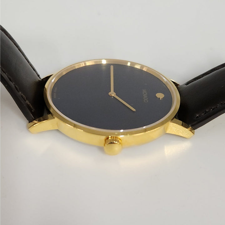 Movado Museum Classic Swiss Made Watch Blue Dial Gold -Tone Case, Brown Leather Strap Box & Tag