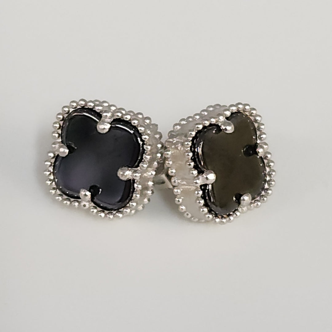 Fashion Silver Onyx Clover Motifs Stud Earrings