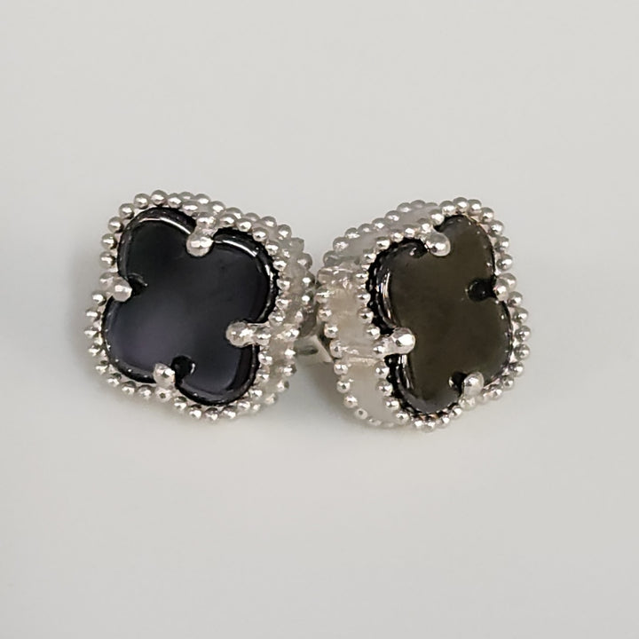 Fashion Silver Onyx Clover Motifs Stud Earrings