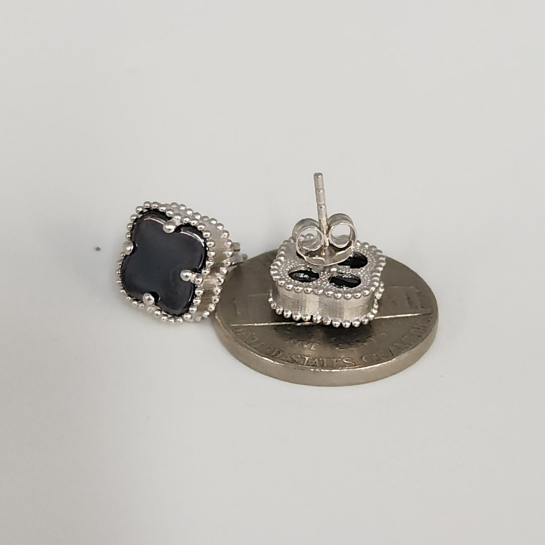 Fashion Silver Onyx Clover Motifs Stud Earrings