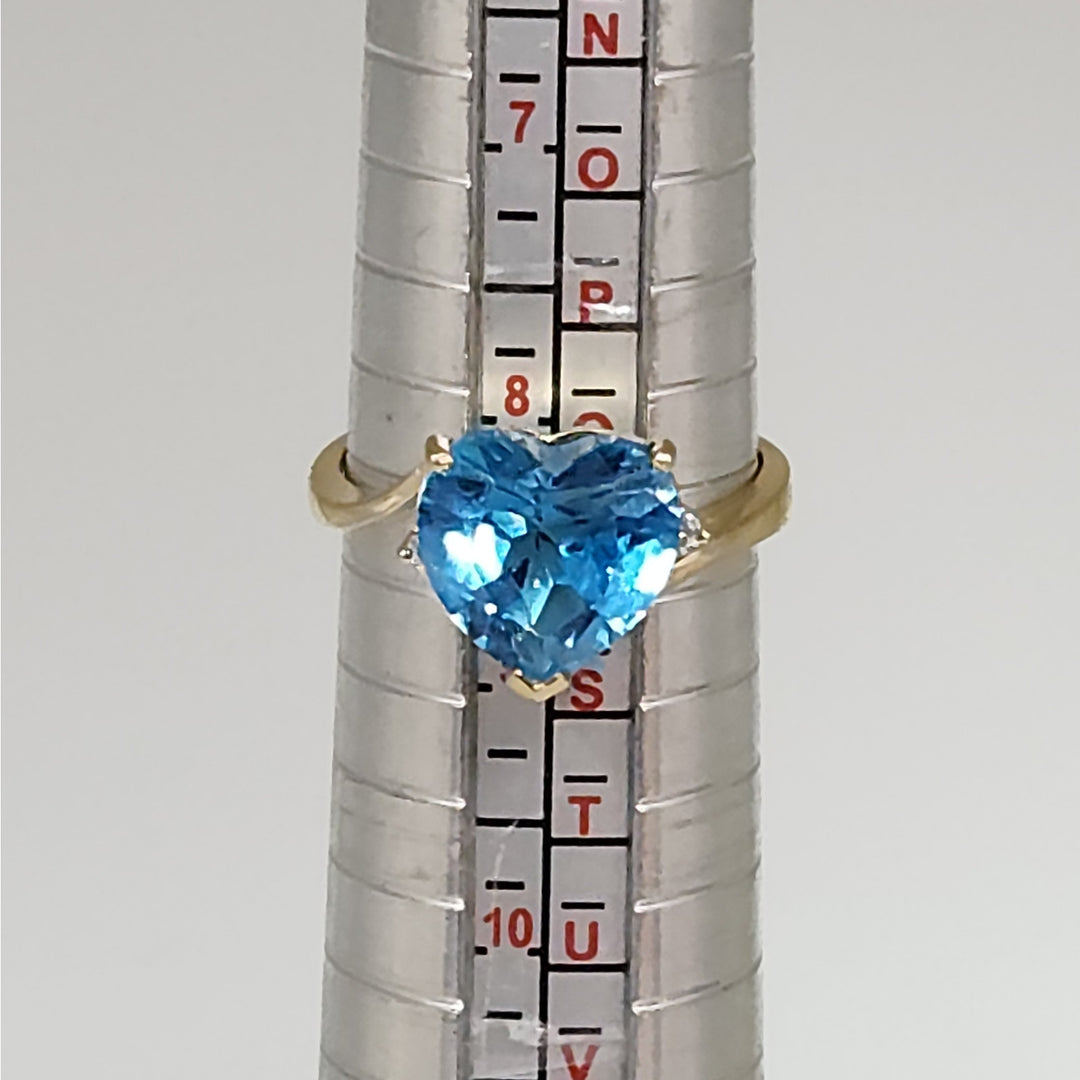 14k Yellow Gold Heart Cut Blue Topaz Ring With Diamond Accent