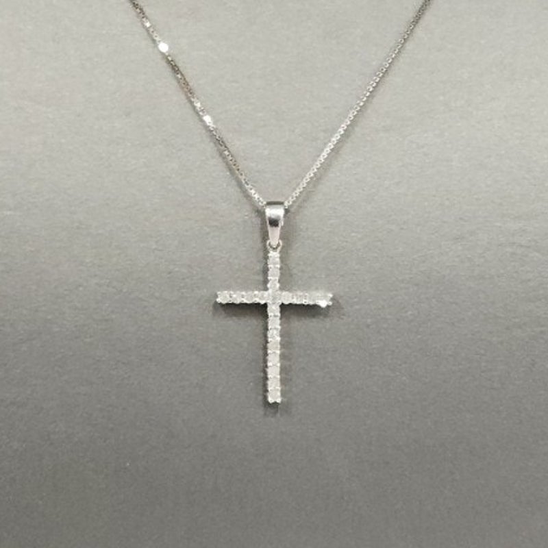 10k White Gold Diamond Cross Pendant & Necklace 18"