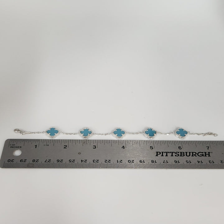 Fashion Silver Bracelet With Turquoise Floral Clover Links 7.5"