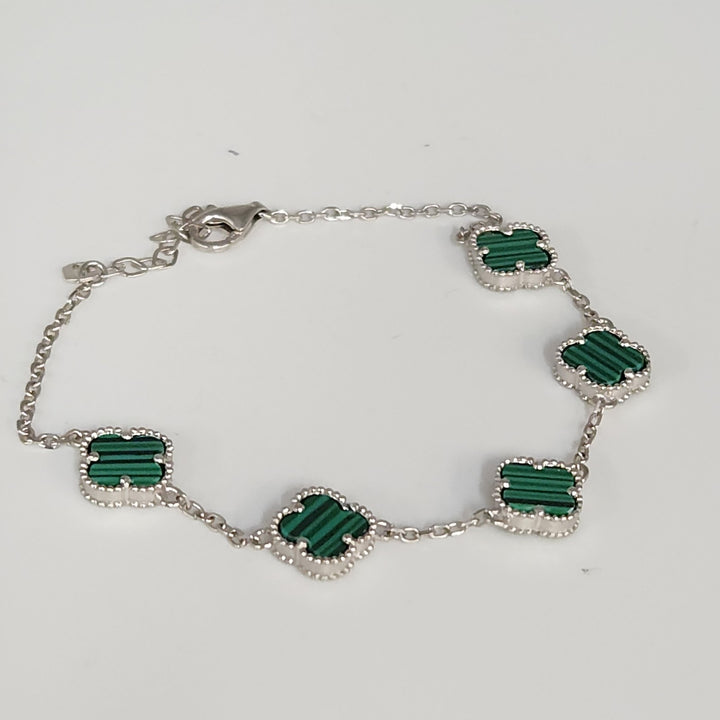 Fashion 925 Silver Malachite Clover Bracelets 8"
