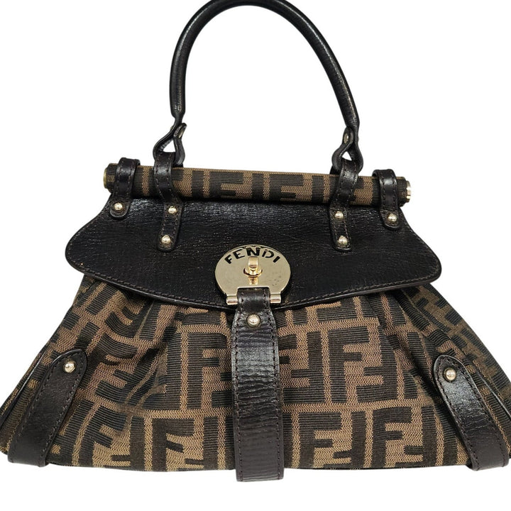 Vintage Fendi Zucca Monogram Top Handle HandBag With Gold Tone Turn Lock