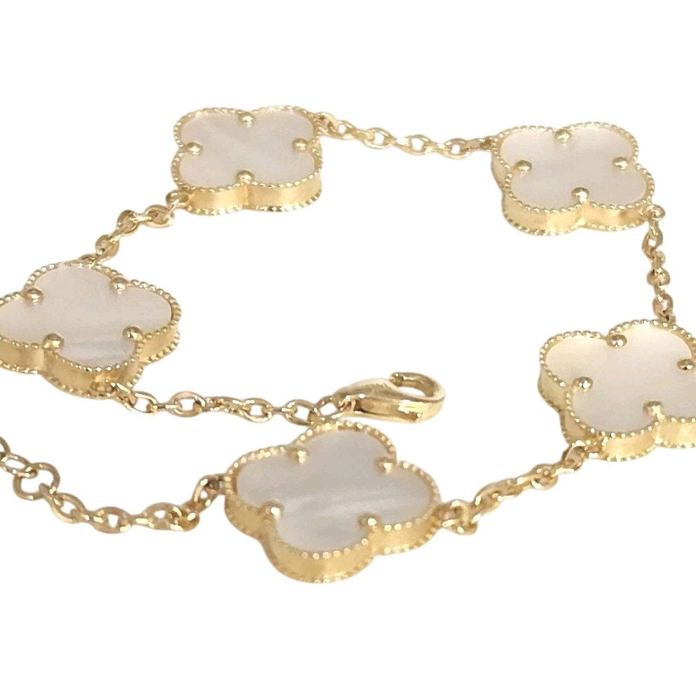 14k Yellow Gold Fashion Mother Of Pearl Flowers Bracelet 7.5"