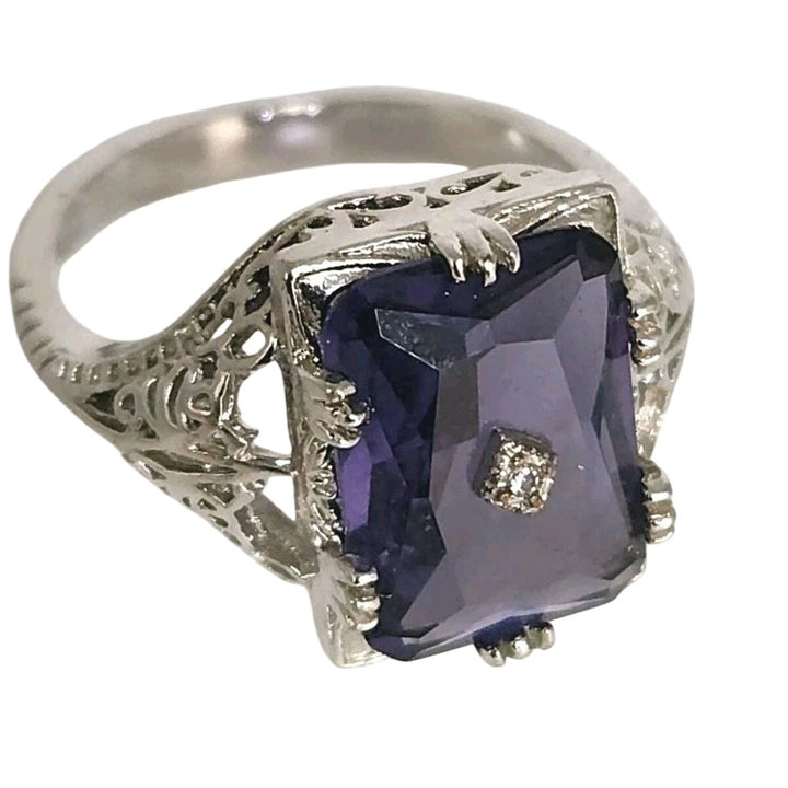 Elegant 925 Sterling Silver Filigree Ring Purple Amethyst Size 9.5