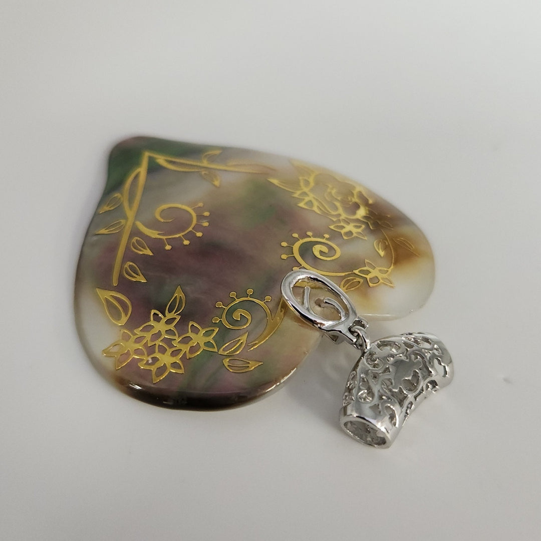 Artisan 925 Silver Mother Of Pearl Heart Pendant With Etched Floral Pattern