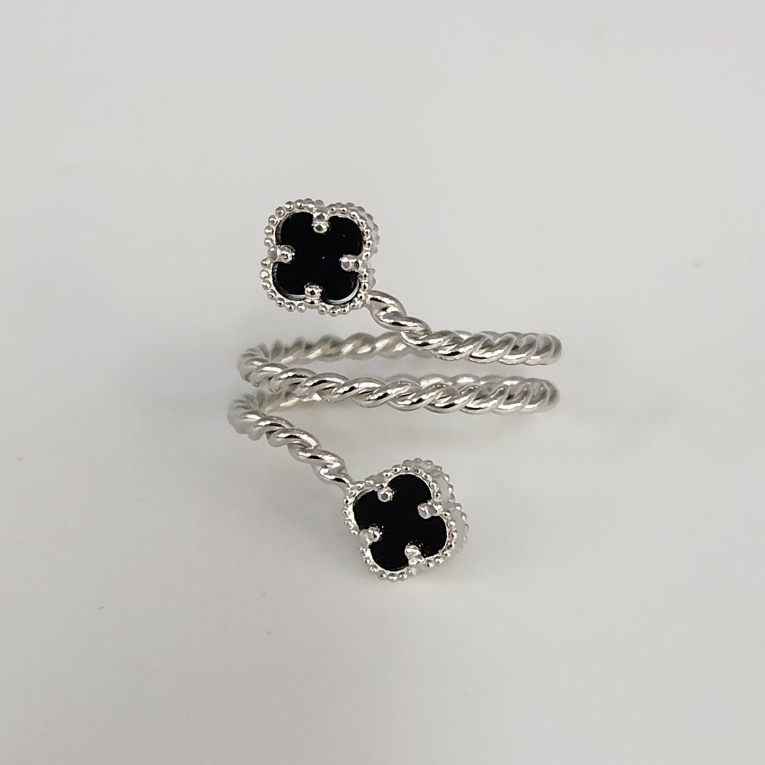 Elegant Silver Double Onyx Clover Adjustable Ring