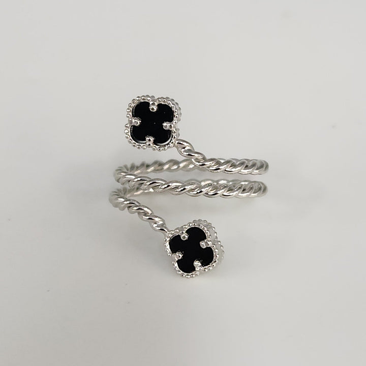 Elegant Silver Double Onyx Clover Adjustable Ring