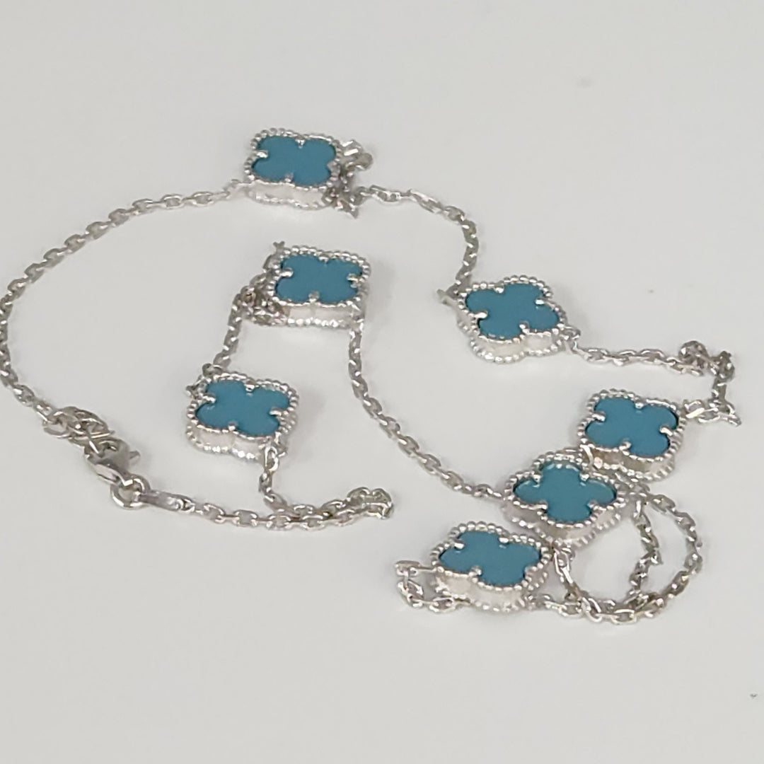Chic Silver Turquoise Clover Motifs Necklace 21"