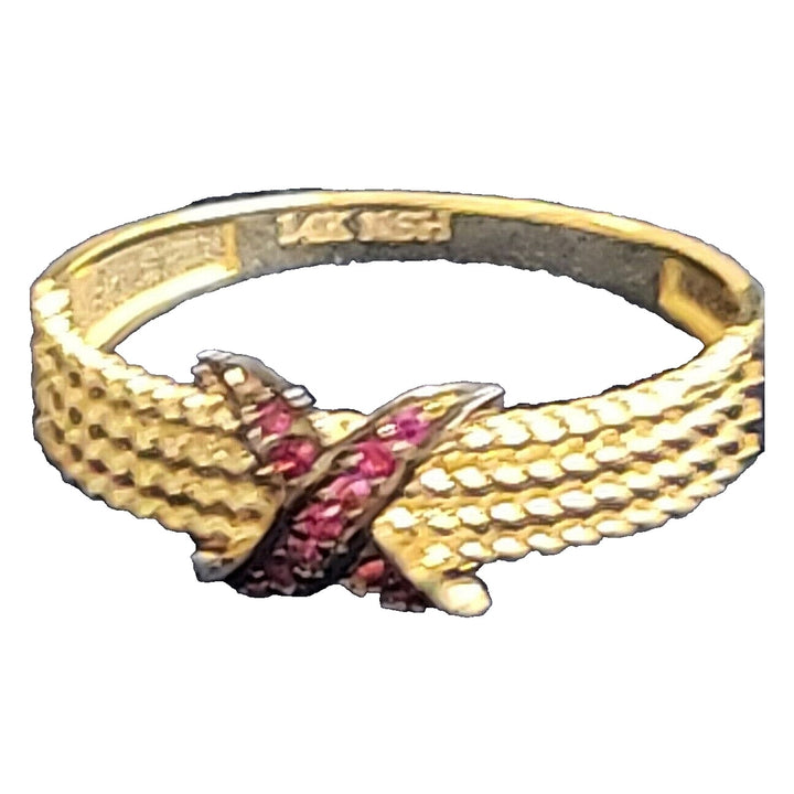 14k Gold Rope Design Band Ring With X Pink Gemstone 2.4g Of Gold