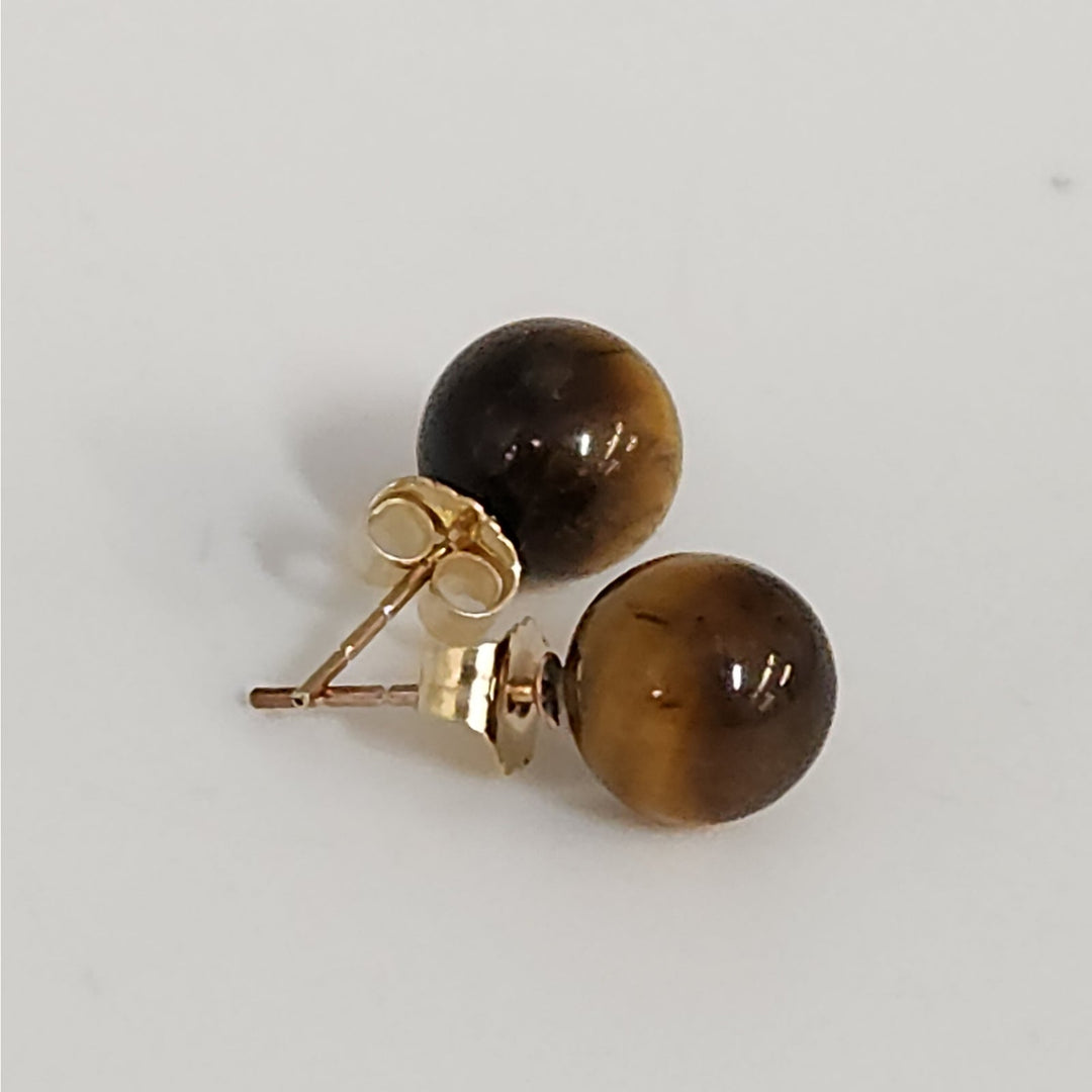 14k Yellow Gold Tiger's Eye Round Ball Stud Earrings