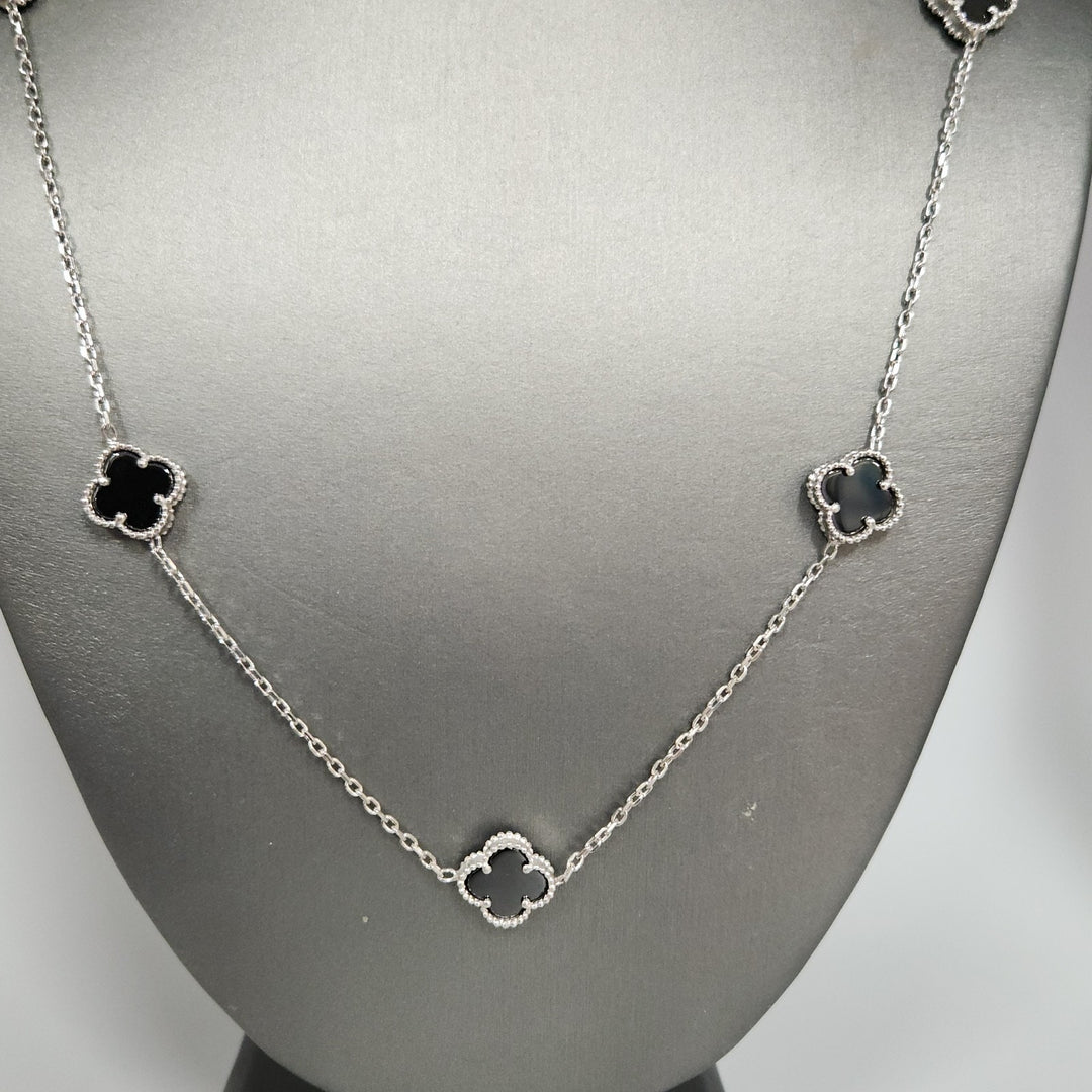 Fashion Silver Onyx Clover Motifs Necklace 22.5"