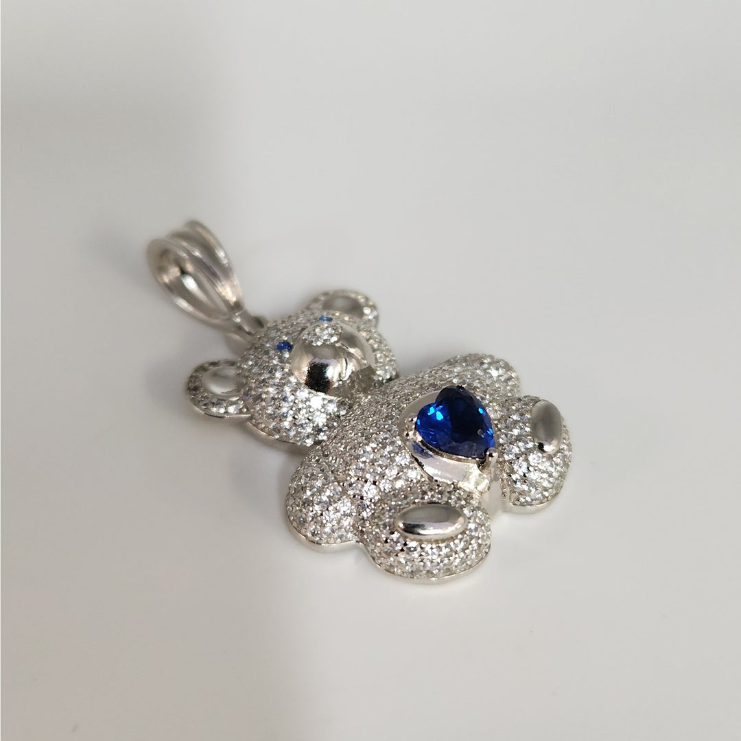 925 Sterling Silver Teddy Bear Pendant With Blue Heart Stone And CZ Accents