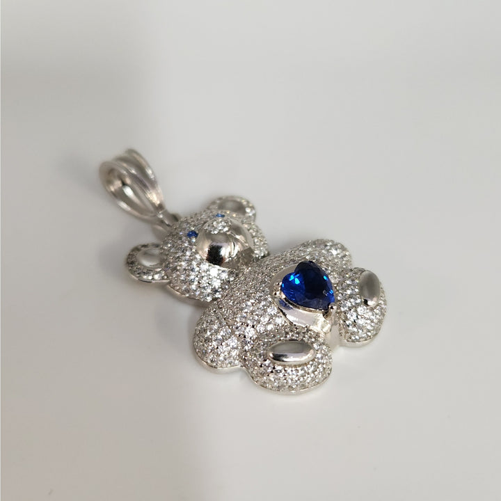 925 Sterling Silver Teddy Bear Pendant With Blue Heart Stone And CZ Accents