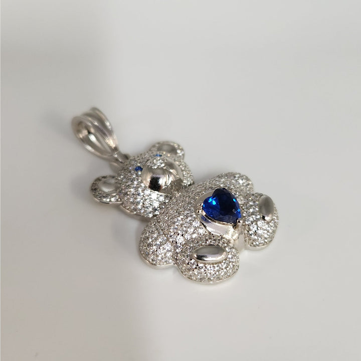 925 Sterling Silver Teddy Bear Pendant With Blue Heart Stone And CZ Accents