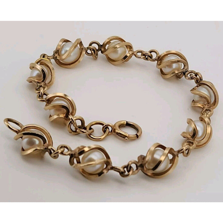 Vintage 14k Yellow Gold Natural Pearl Bracelet 7.2" , 12.7g From The 1950th