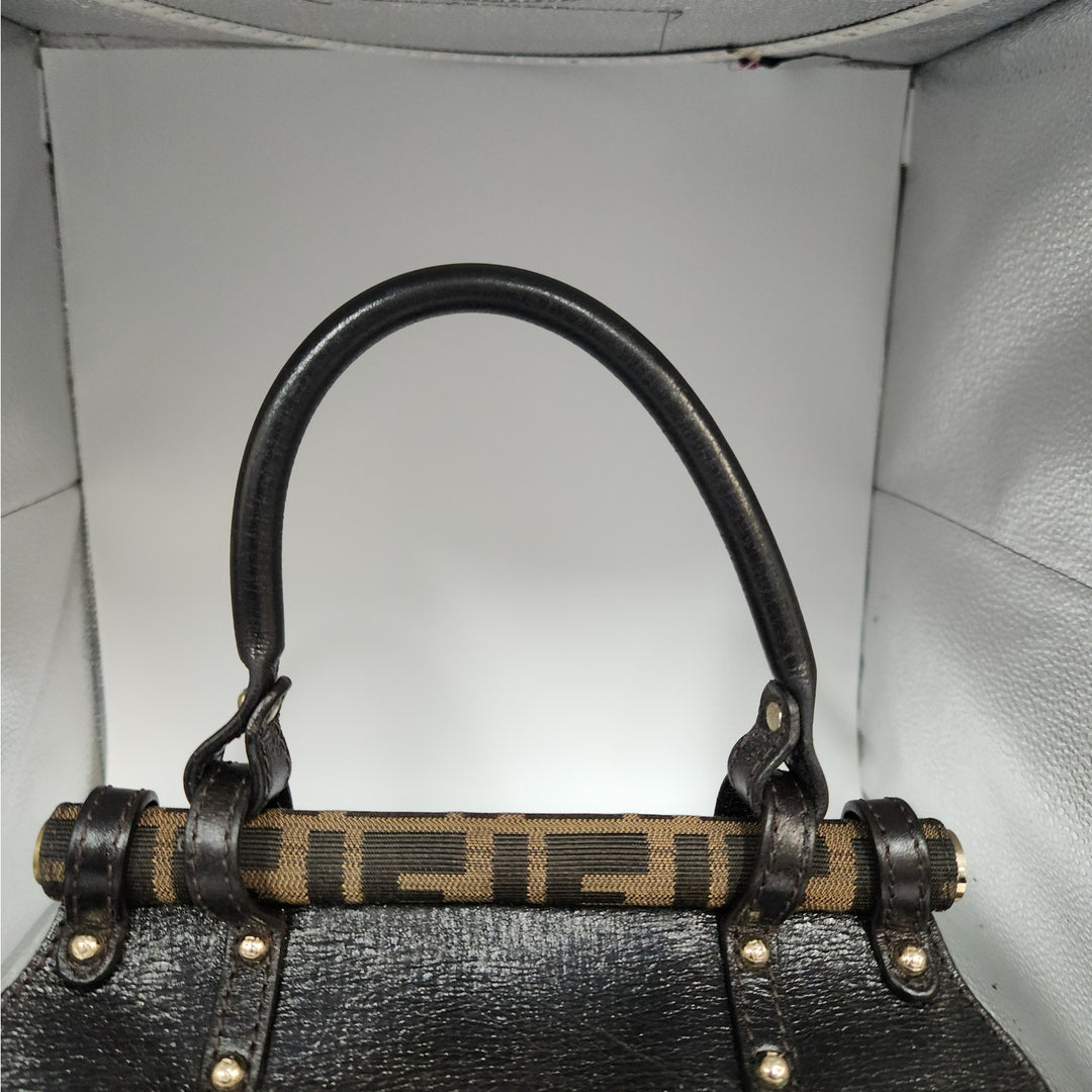 Vintage Fendi Zucca Monogram Top Handle HandBag With Gold Tone Turn Lock