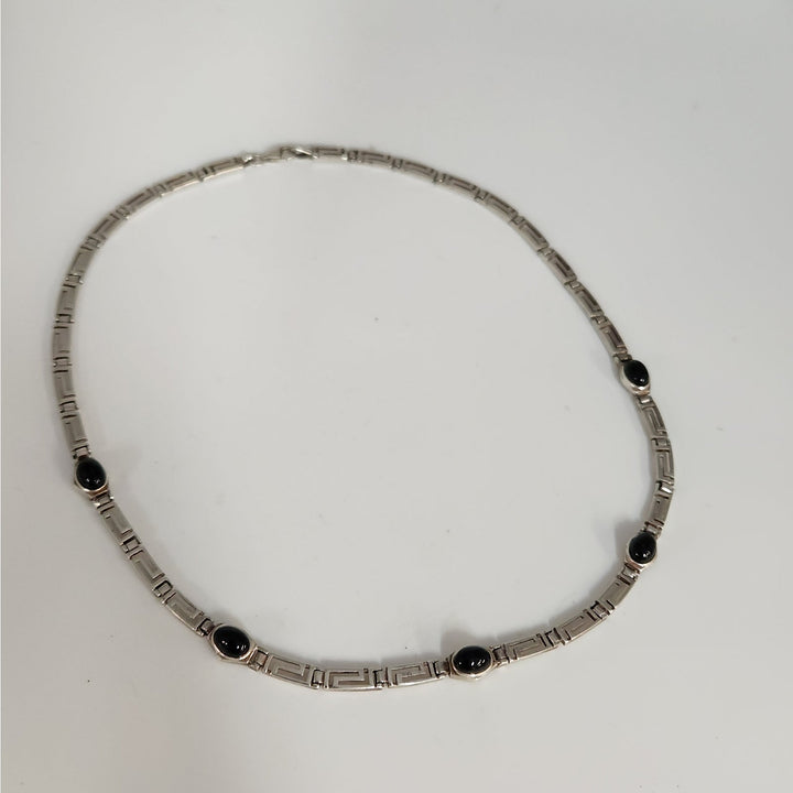 925 Sterling Silver Black Onyx Greek Key Link Necklace 16"