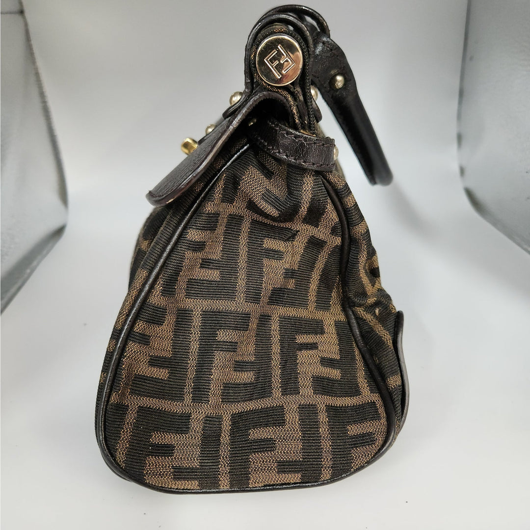 Vintage Fendi Zucca Monogram Top Handle HandBag With Gold Tone Turn Lock
