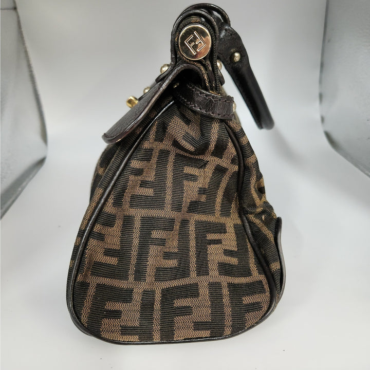 Vintage Fendi Zucca Monogram Top Handle HandBag With Gold Tone Turn Lock