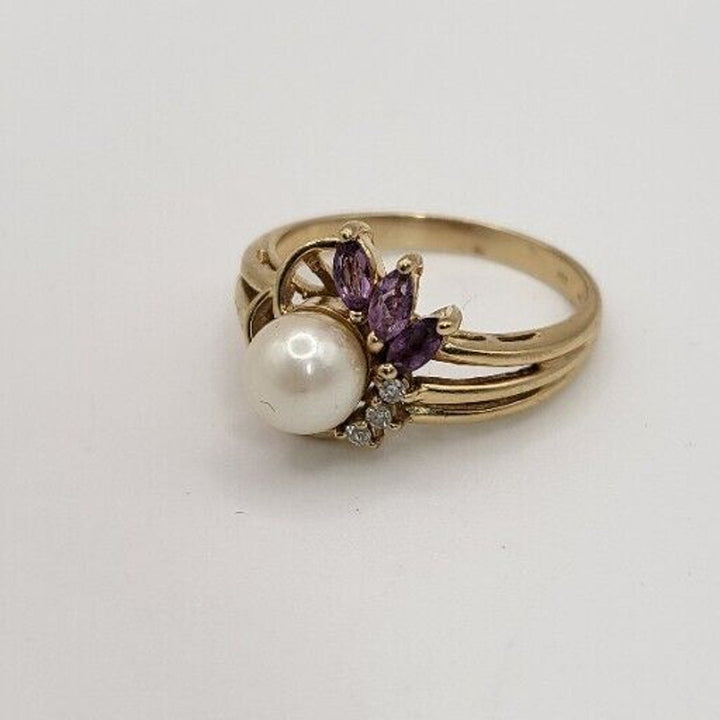 14K Yellow Gold Vintage Pearl Amethyst Diamond Ring - 3.8 gms, Sz 7.5