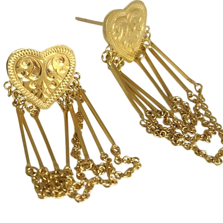 Vintage 18k Yellow Gold Heart Tassel Dangle Earrings