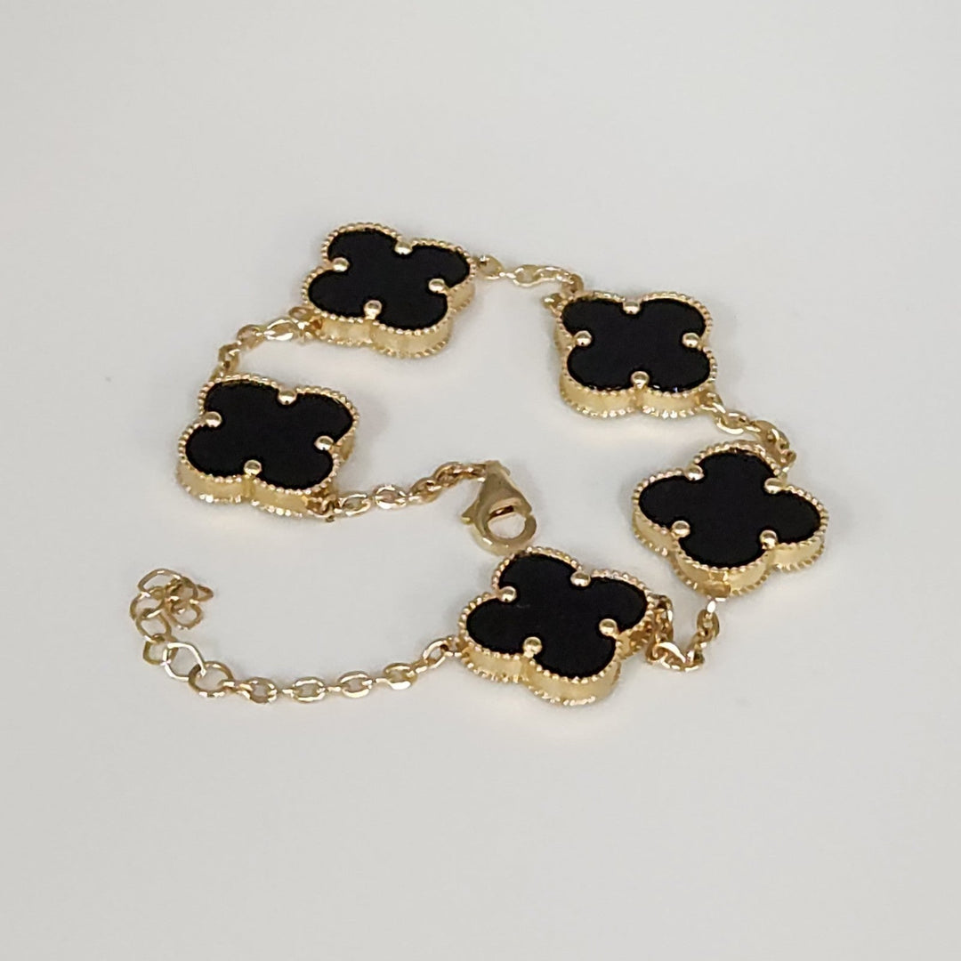 14k Yellow Gold Fashion Onyx Flowers Bracelet 7.5"