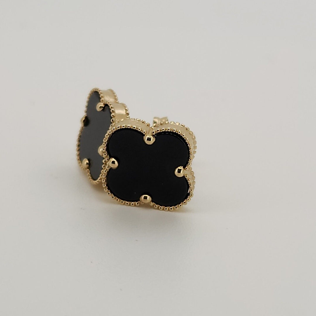 14k Yellow Gold Onyx Clover Flower Stud Earrings
