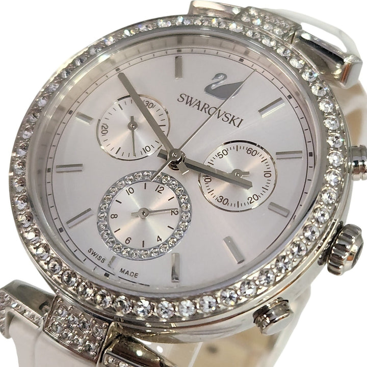 Swarovski Crystal Chronograph Stainless Steel White Leather Strap Watch