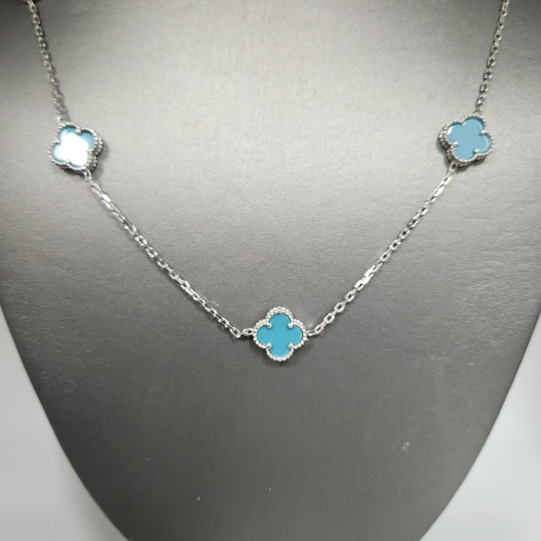 Chic Silver Turquoise Clover Motifs Necklace 21"