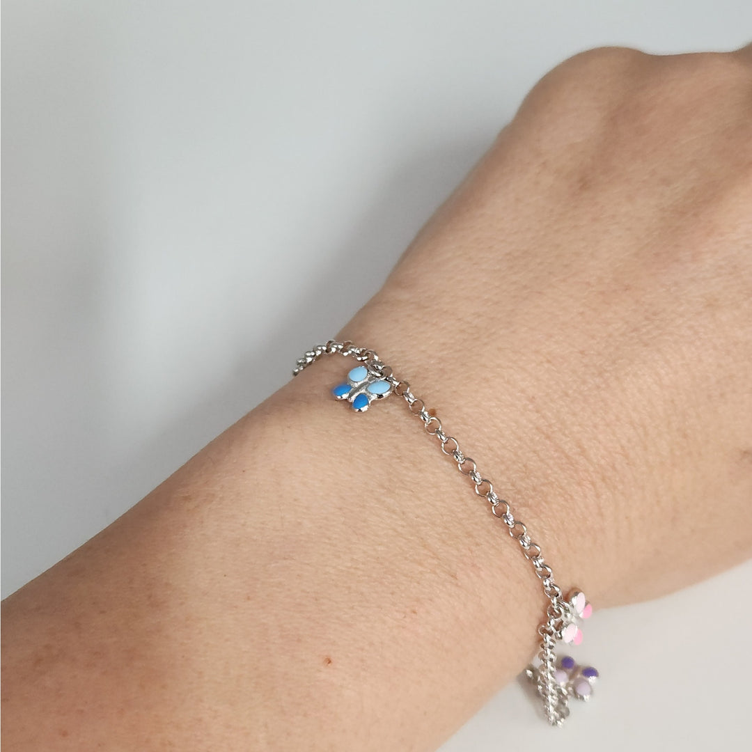 925 Sterling Silver Multi - Color butterfly charm Adjustable Bracelet 8"