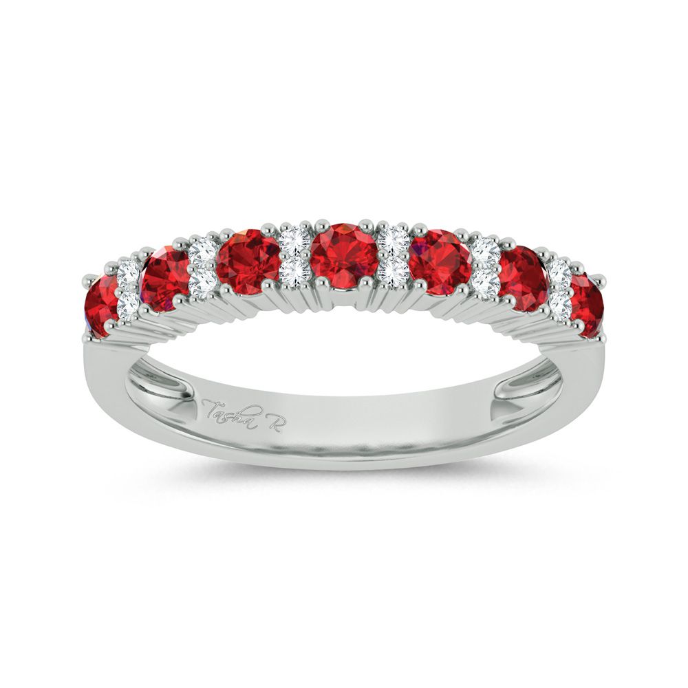 Sparkling Ruby Accent Diamond Band in 14K White Gold