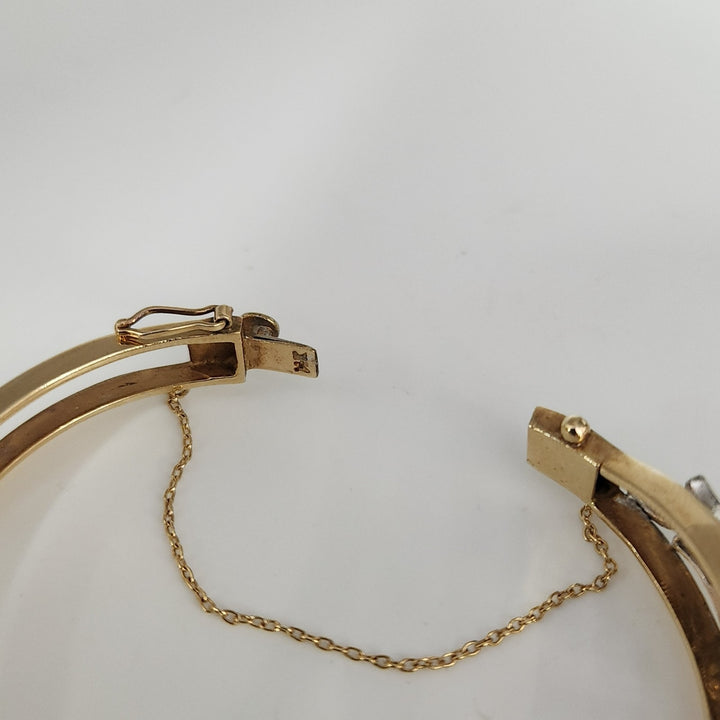 Vintage 14k Two Tone Gold Diamond Pearls Bangle Bracelet