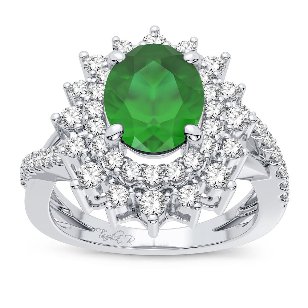 14K White Gold Lab Diamond Emerald Accent Womens Ring