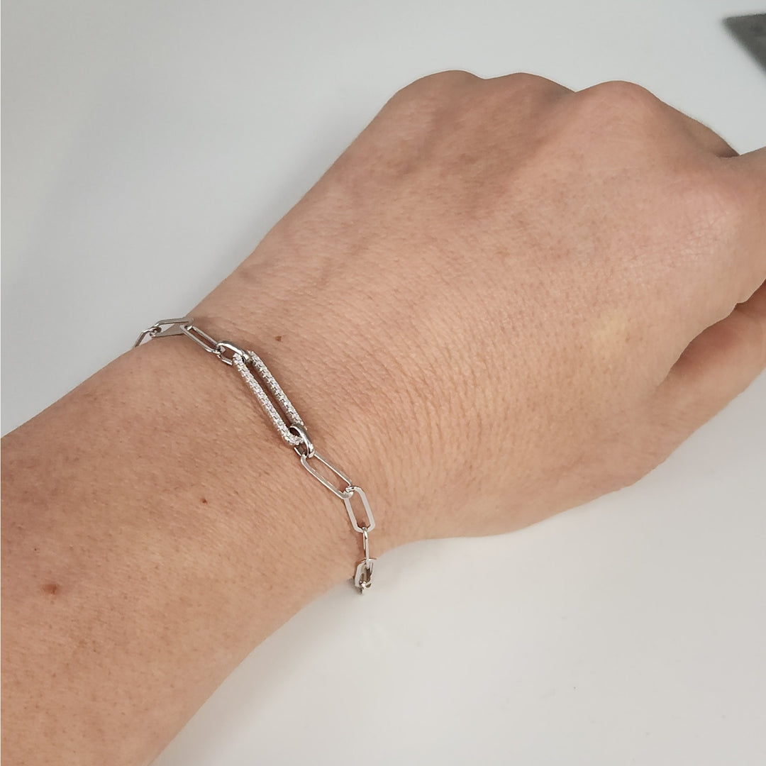 925 Sterling Silver Paperclip Link Necklace & Bracelet Set with CZ Accents