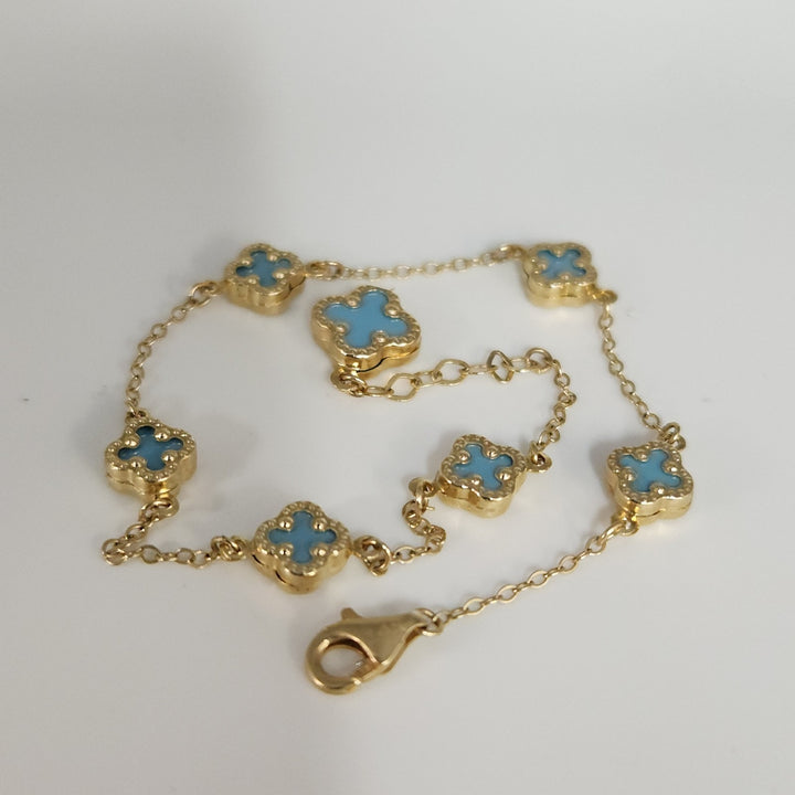 14k Yellow Gold Fashion Blue Flowers Bracelet 7.5"