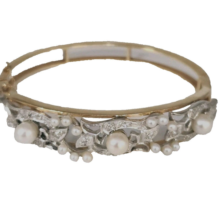 Vintage 14k Two Tone Gold Diamond Pearls Bangle Bracelet