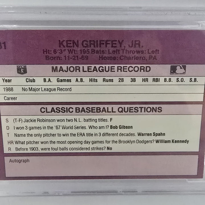 1989 Classic Travel Orange Ken Griffey Jr. Rookie RC Card #131 BCCG Mint 10 B2